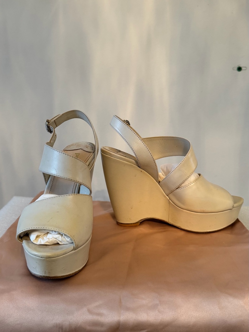 Vintage PRADA Ivory Leather Platform Wedge Sandals 36.5 Italy